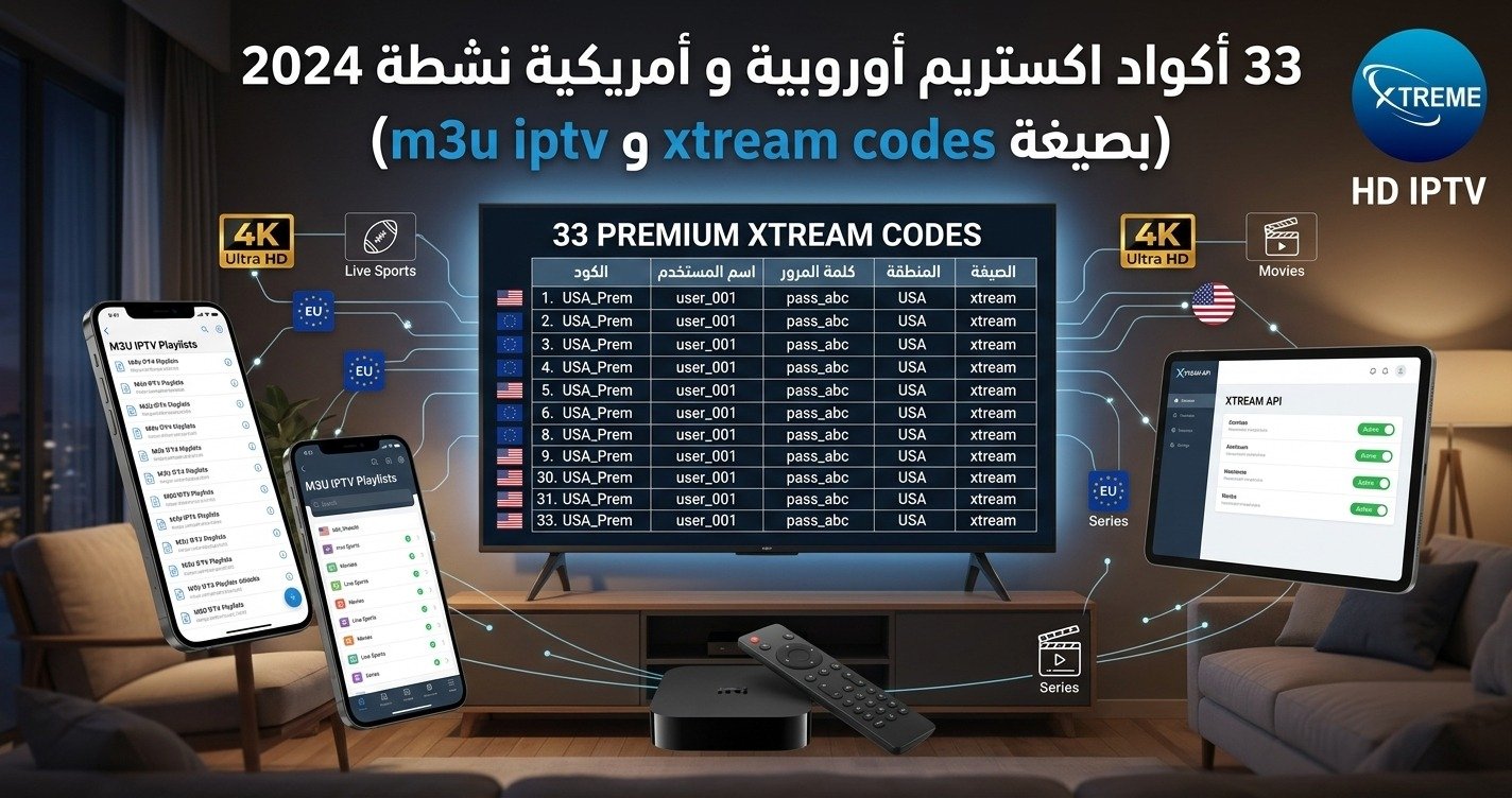 33 أكواد اكستريم أوروبية و أمريكي بصيغة xtream codes و m3u iptv