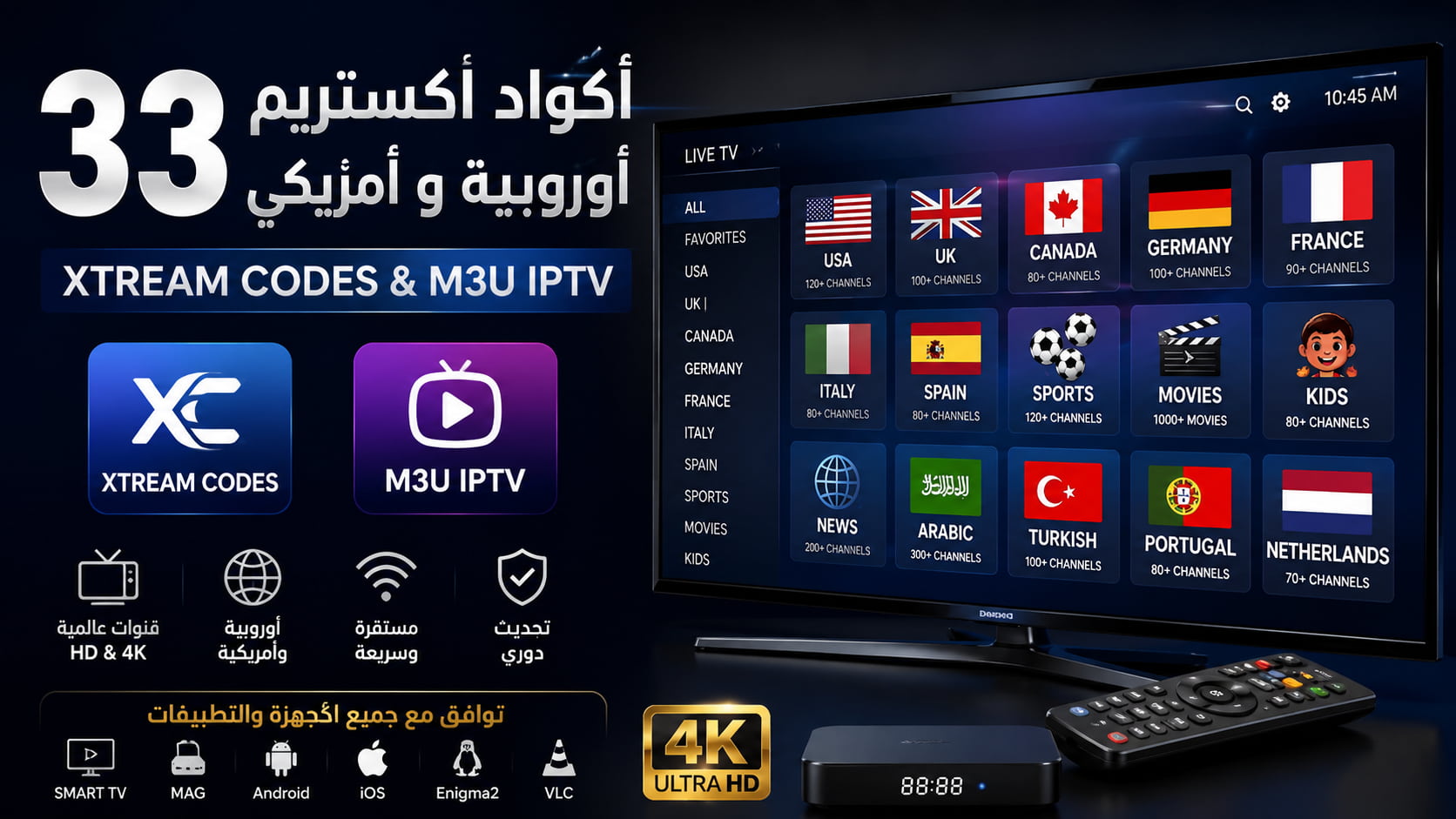 33 أكواد اكستريم أوروبية و أمريكي بصيغة xtream codes و m3u iptv